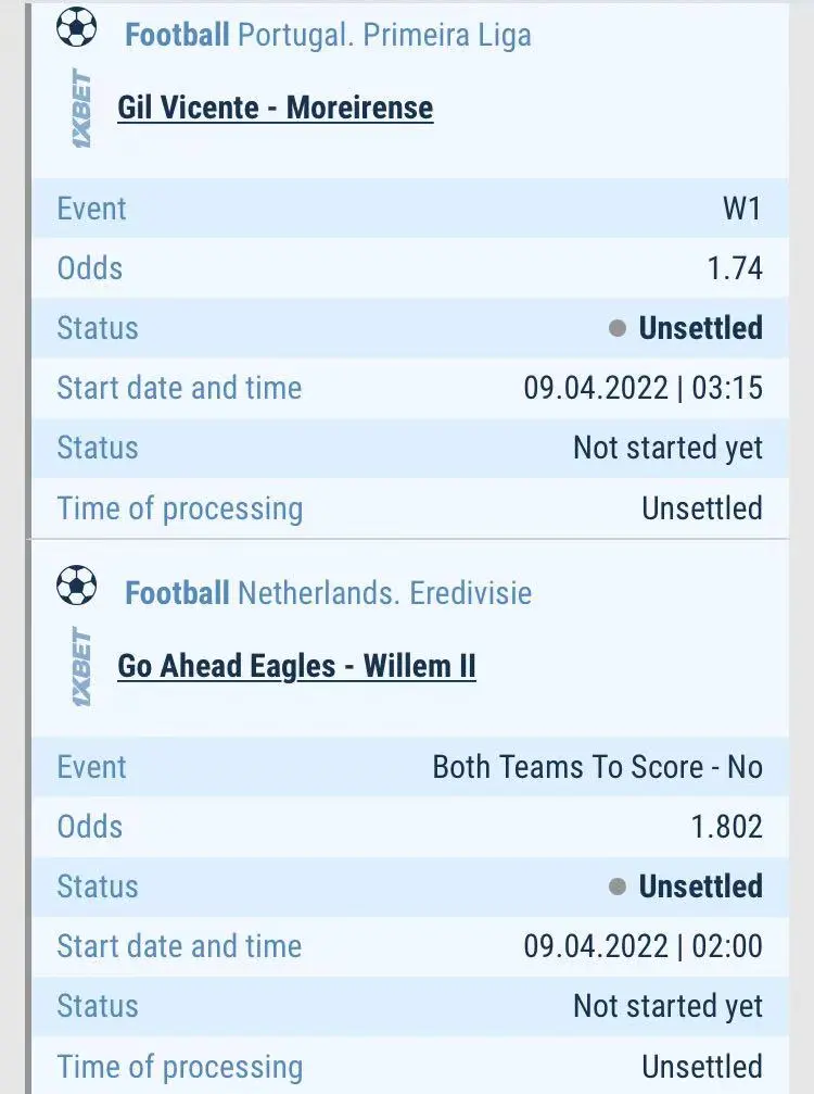 Football Portugal. Primeira Liga
Gil Vicente - Moreirense
Gil Vicente to win @ 1.74  Football Netherlands. Eredivisie
Go Ahead Eagles - Willem II
Both Teams To Score - No  @  1.802